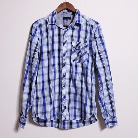 Ted Baker Button Down Top Blue Plaid Size 3 - Picture 13 of 13